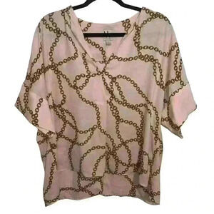 WORTHINGTON Women's V Neck Dolman Elbow Sleeve Blouse Size L - Pink Chain Print